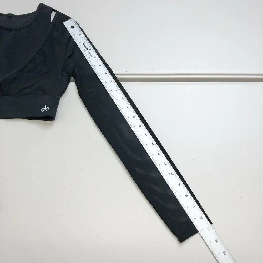 Alo Yoga Pivot Layered Long Sleeve Top Cropped Mesh Size Small Black